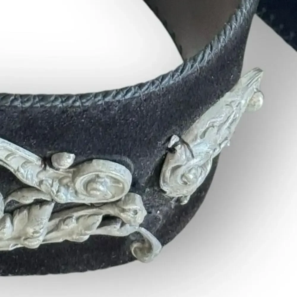 Wide Black Suede Cinch Belt L/XL Baroque Pot Metal Hardware Renaissance Festival